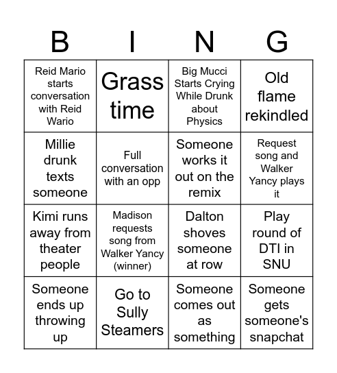 First Weekend of Row Bingo Card