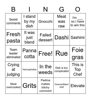 Top Chef Bingo Card