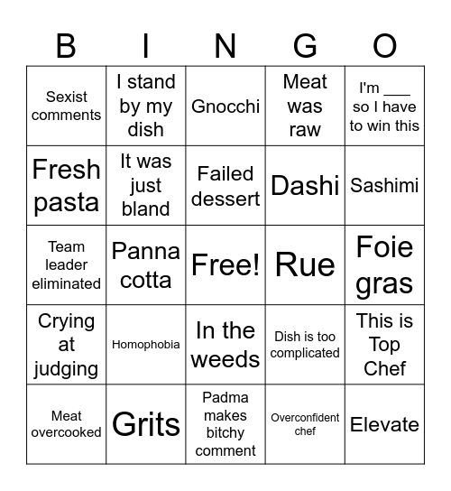 Top Chef Bingo Card