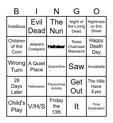 Horror Movies Bingo Card