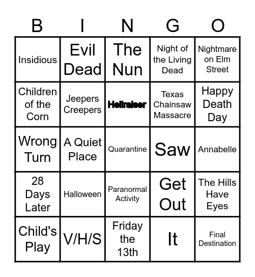 Horror Movies Bingo Card