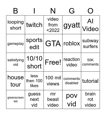 YT pants Bingo Card