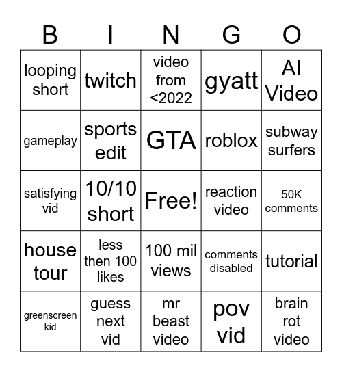 YT pants Bingo Card