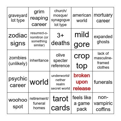 The Sims 4: Life & Death MyShuno Bingo Card