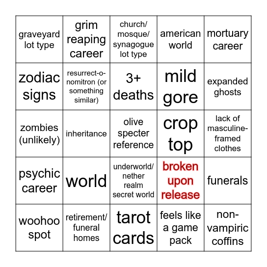 The Sims 4: Life & Death MyShuno Bingo Card