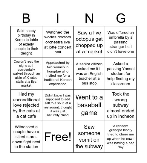 Korea Experiences (So Far) Bingo Card