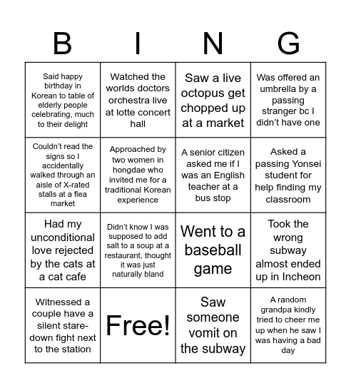 Korea Experiences (So Far) Bingo Card