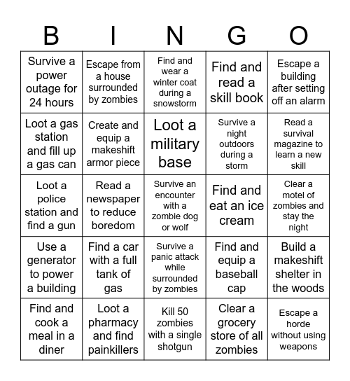 Project Zomboid Bingo Card