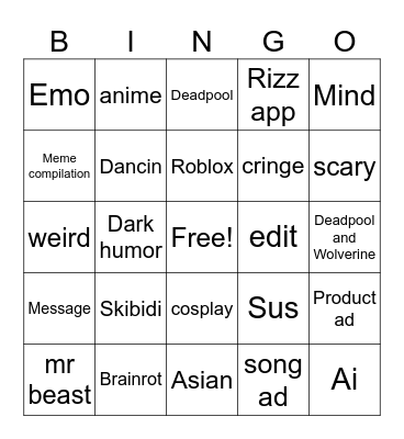 Shorts Bingo Card