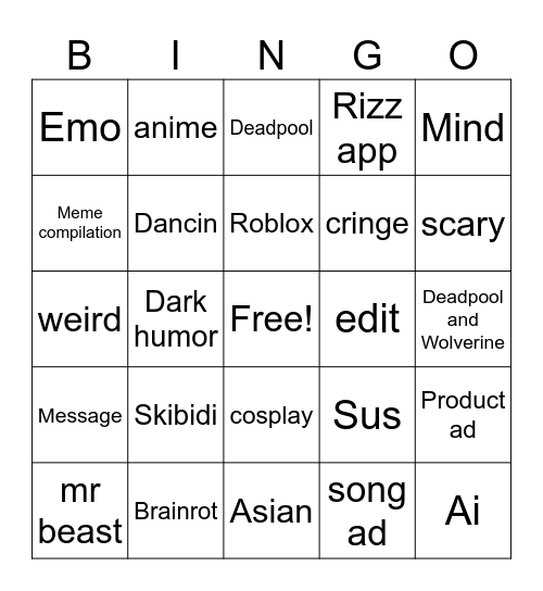 Shorts Bingo Card