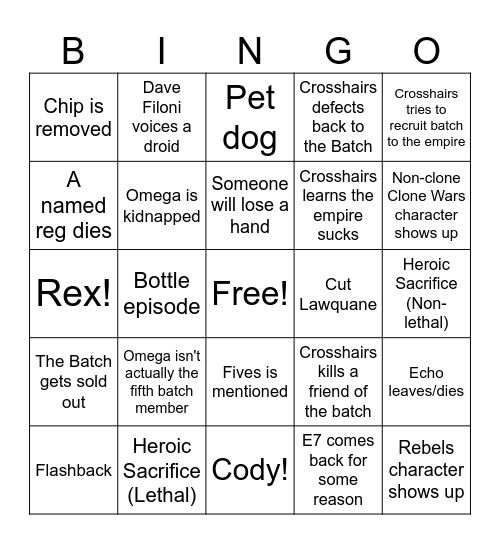 Bad Batch Predictions Bingo Card