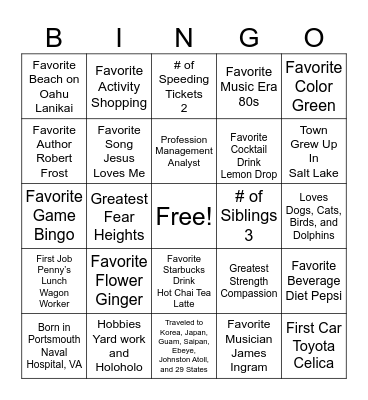 Anna Jean Puanani Tarrant Bingo Card
