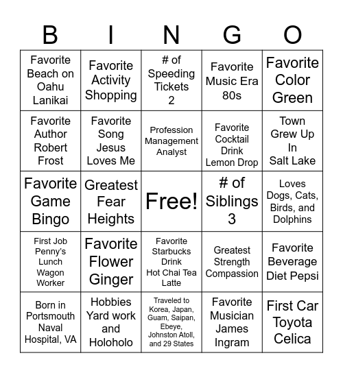 Anna Jean Puanani Tarrant Bingo Card