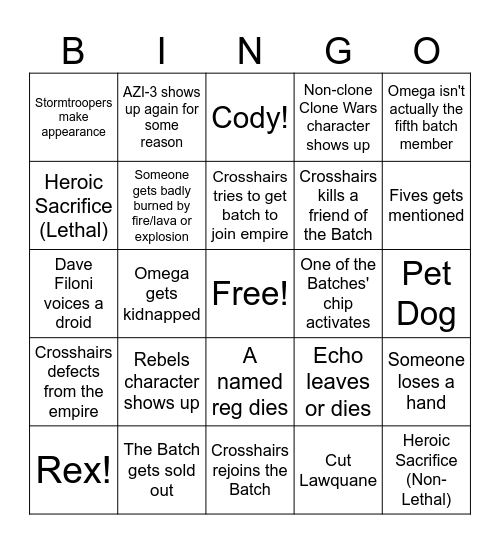 Bad Batch Predictions Bingo Card