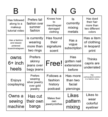 Fashion Bingo Card