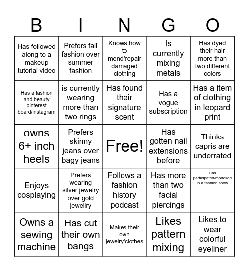 Fashion Bingo Card