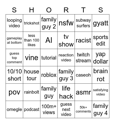 yt shorts Bingo Card