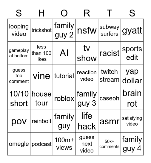 yt shorts Bingo Card