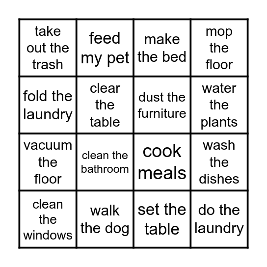 Household Chores Bingo Card