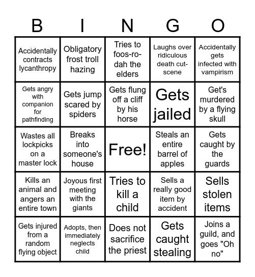 Ax plays Skyrim Bingo Card