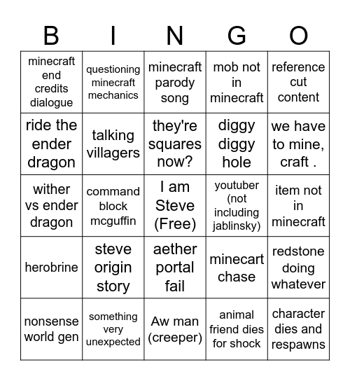 MINECRAFT MOVIE BINGO Card