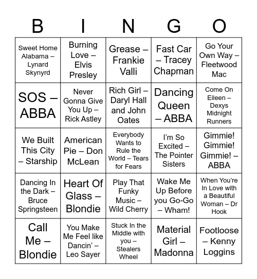 Boogie Hits Bingo Card