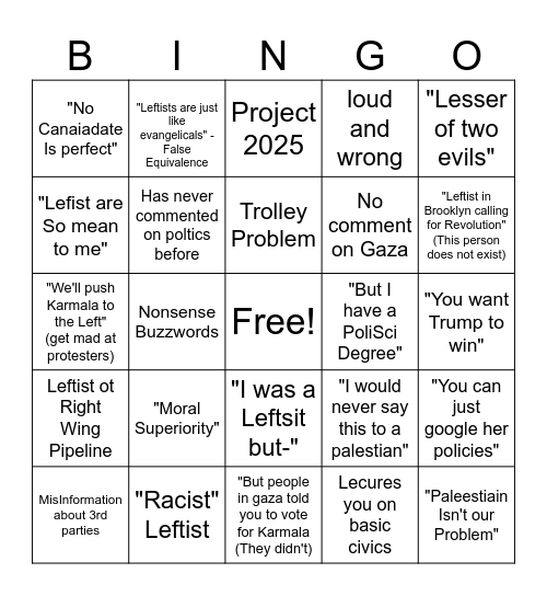 Leftist Smear Bingo Card