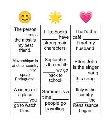 relative pronoun Bingo Card