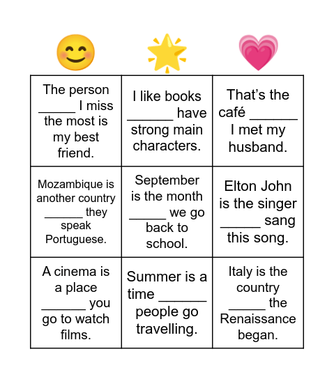 relative pronoun Bingo Card