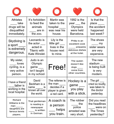 relative pronouns Bingo Card