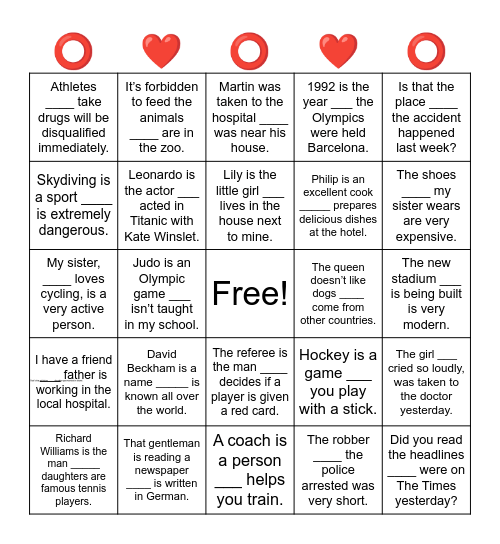 relative pronouns Bingo Card