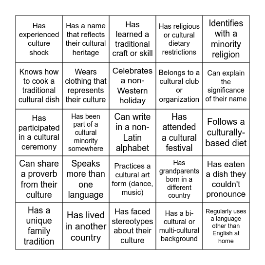 Cultural Identity Bingo Card