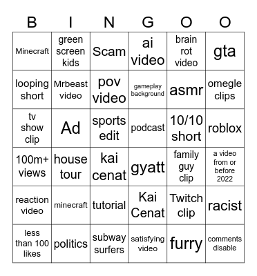 YouTube shorts Bingo Card