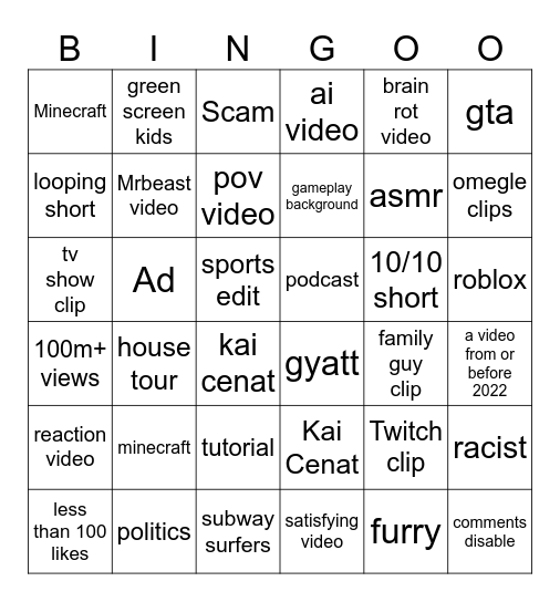 YouTube shorts Bingo Card