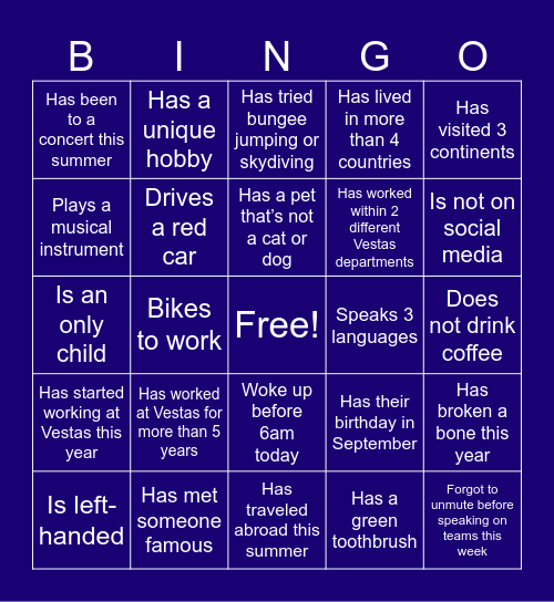 Vestas Summer Party 2024 Bingo Card