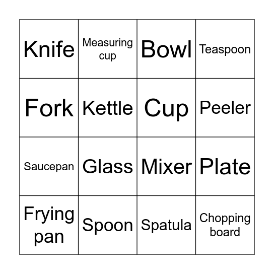 Kitchen supplies Bingo Card