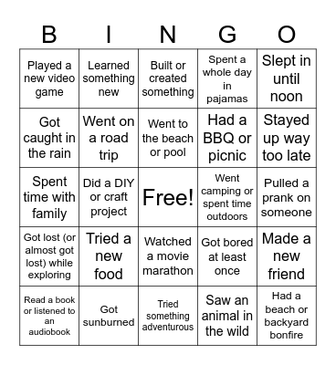 Summer Activities Bingo Card