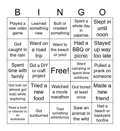 Summer Activities Bingo Card