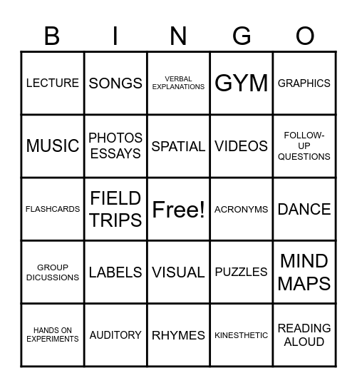 Learning Styles Bingo Card