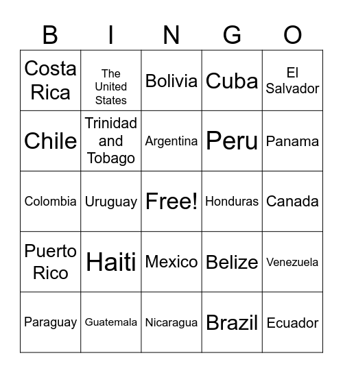 The Countries in America Bingo Card