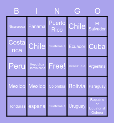 Spanish speaking countries Bingo Card