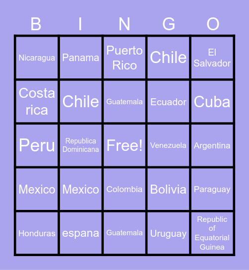 Spanish speaking countries Bingo Card