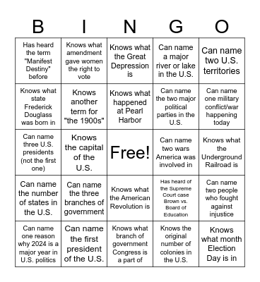 U.S. History & Current Events Bingo Card