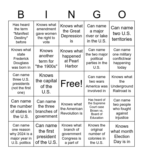 U.S. History & Current Events Bingo Card