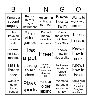 Get To Know You High School Bingo Card