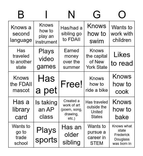 Get To Know You High School Bingo Card