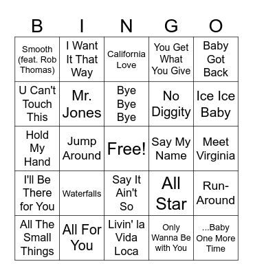 90s Songs Bingo Card