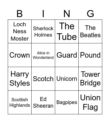 THE UK Bingo Card