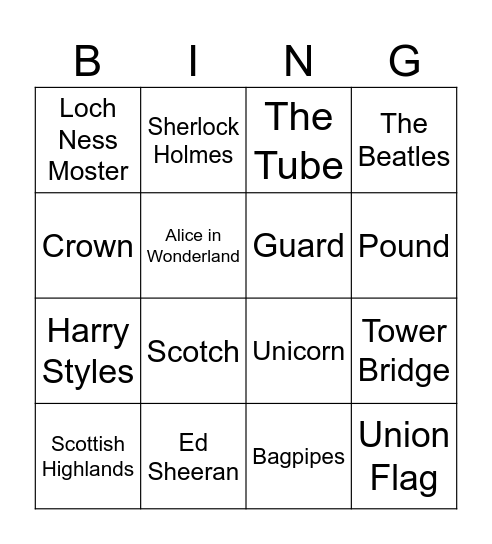 THE UK Bingo Card