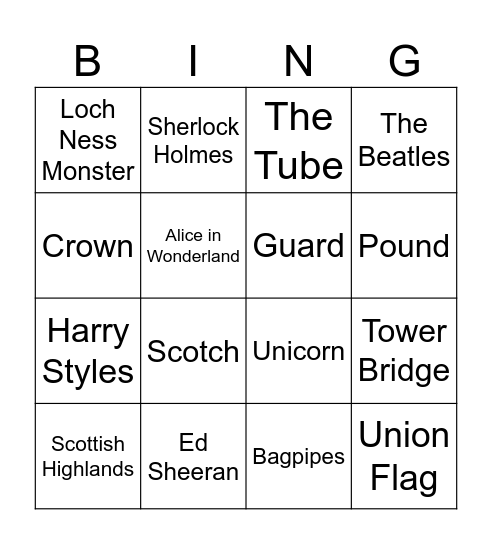 THE UK Bingo Card